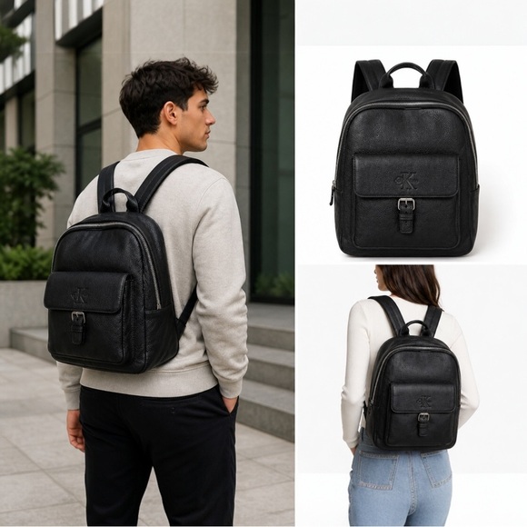 Calvin Klein Leather Backpack Black Pebbled CK Logo Flap Buckle K30513 NWT